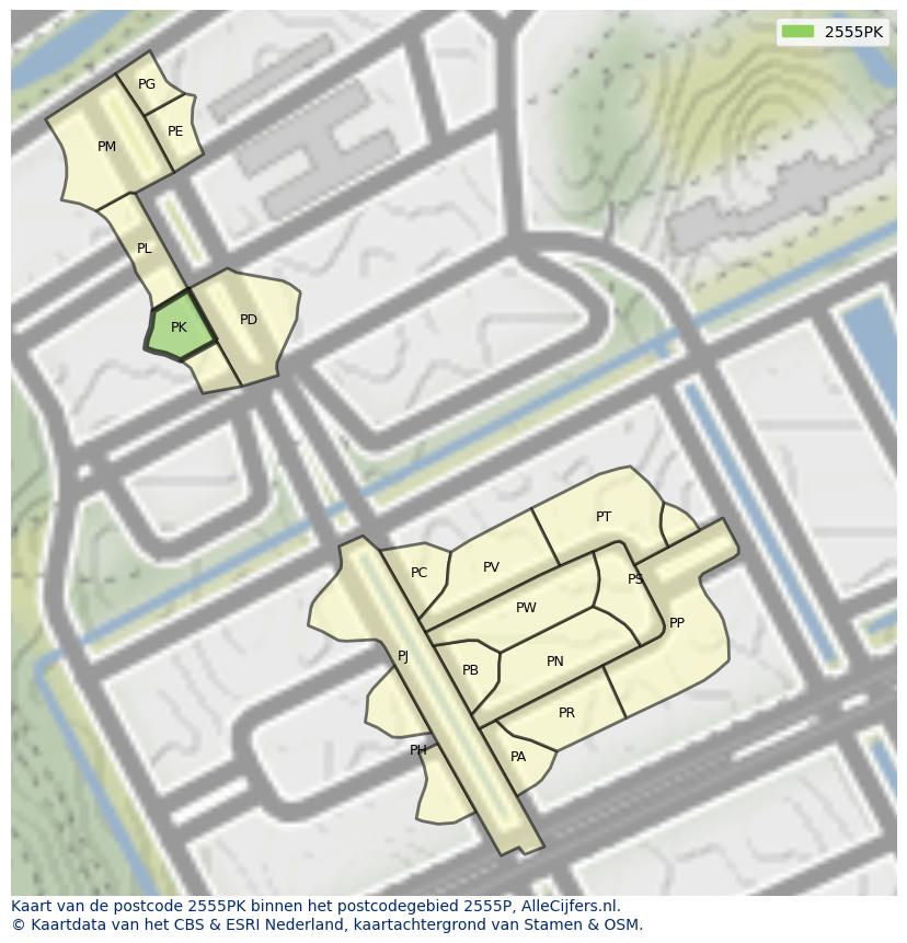 Afbeelding van het postcodegebied 2555 PK op de kaart.