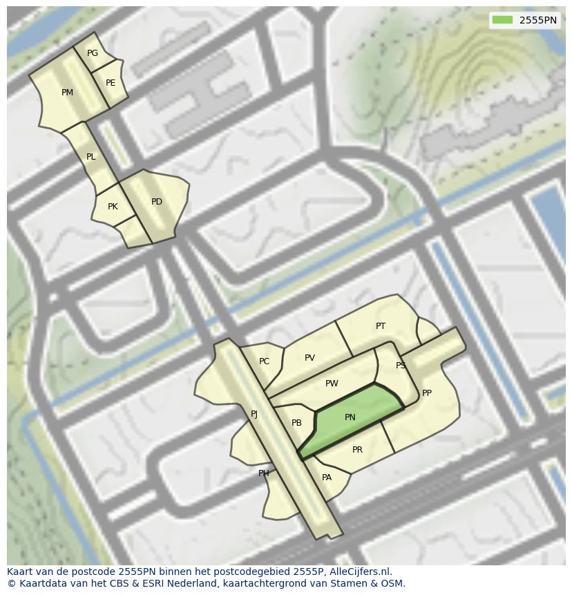 Afbeelding van het postcodegebied 2555 PN op de kaart.