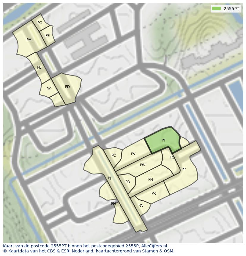 Afbeelding van het postcodegebied 2555 PT op de kaart.