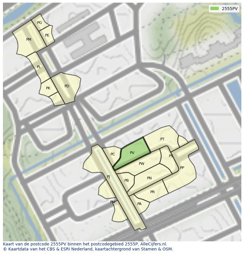 Afbeelding van het postcodegebied 2555 PV op de kaart.
