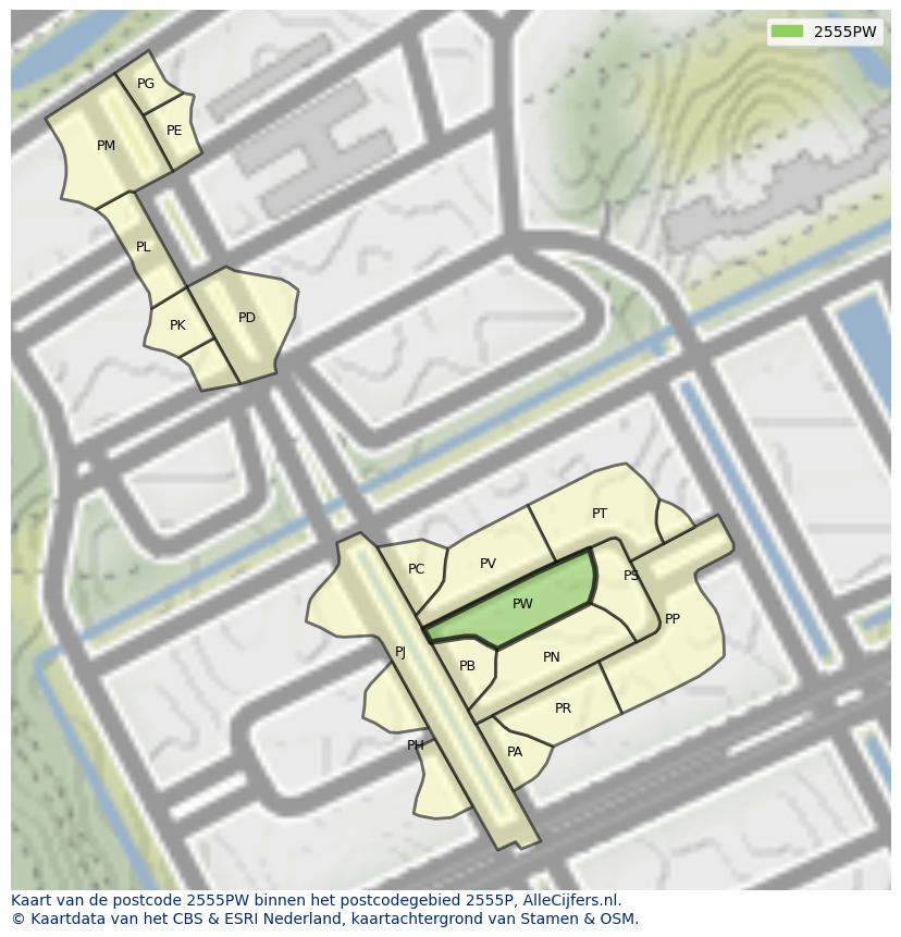 Afbeelding van het postcodegebied 2555 PW op de kaart.
