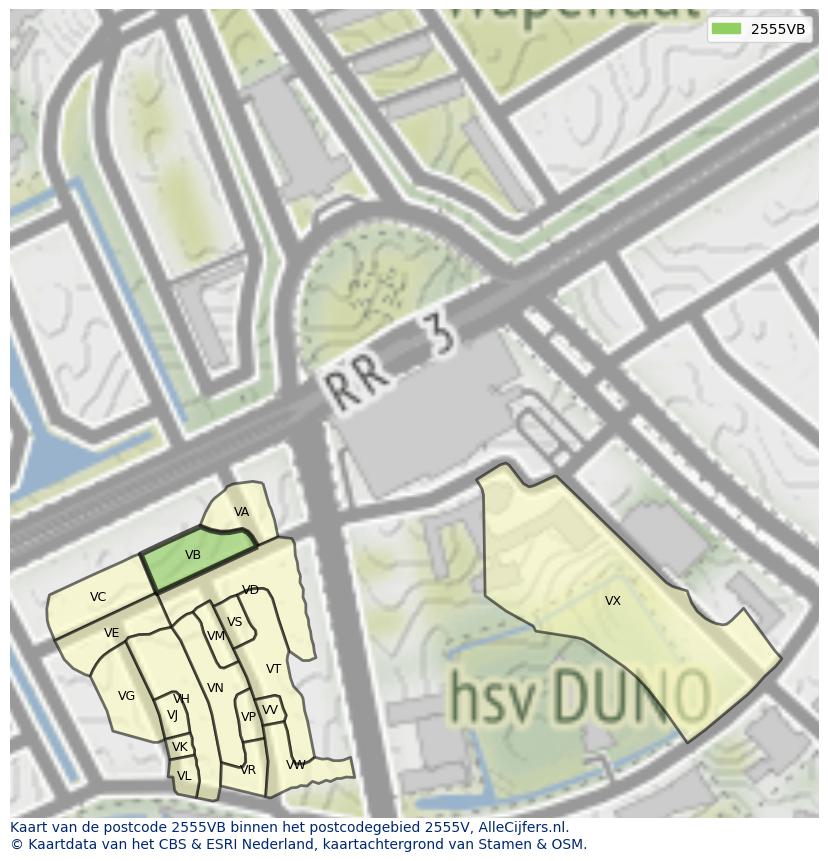 Afbeelding van het postcodegebied 2555 VB op de kaart.