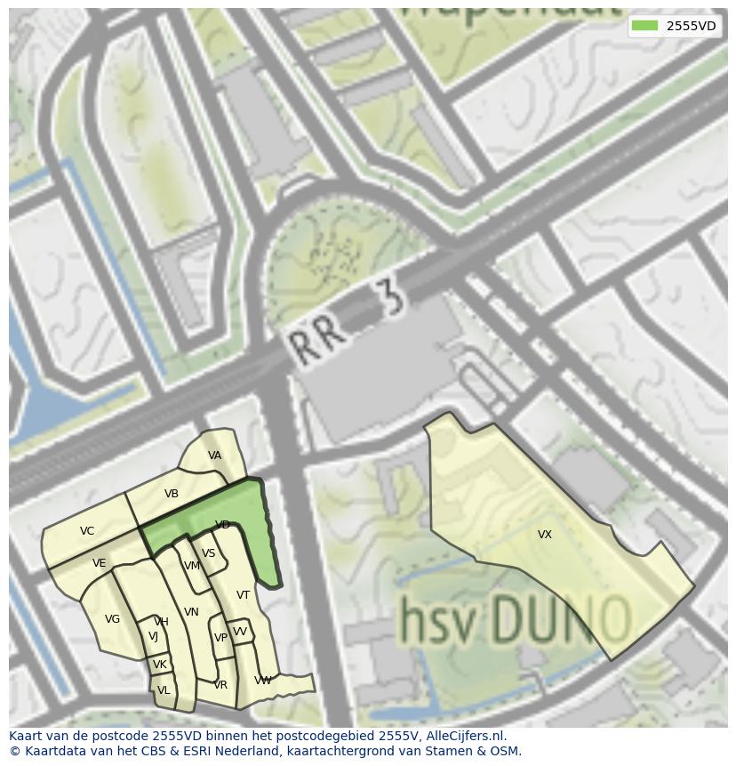 Afbeelding van het postcodegebied 2555 VD op de kaart.