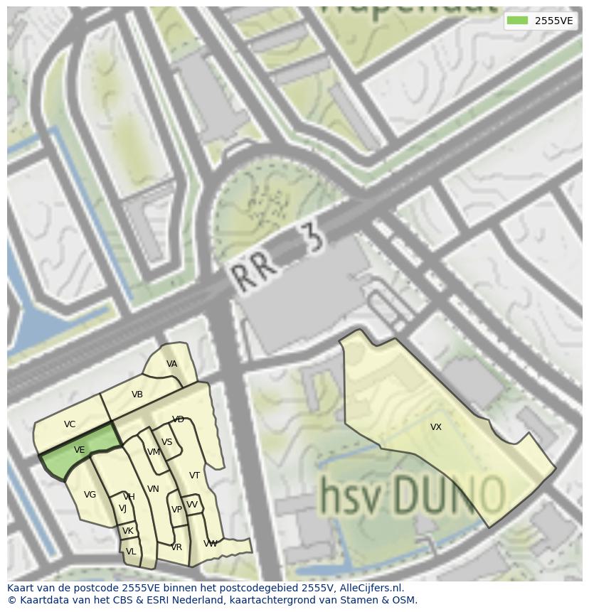 Afbeelding van het postcodegebied 2555 VE op de kaart.