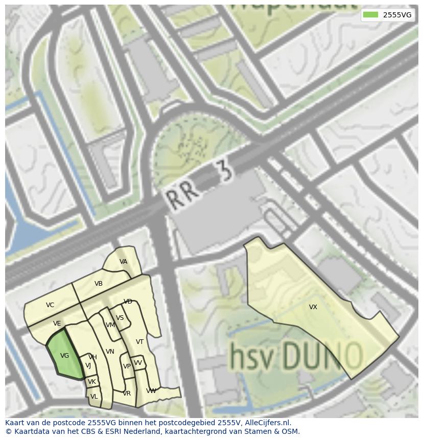 Afbeelding van het postcodegebied 2555 VG op de kaart.