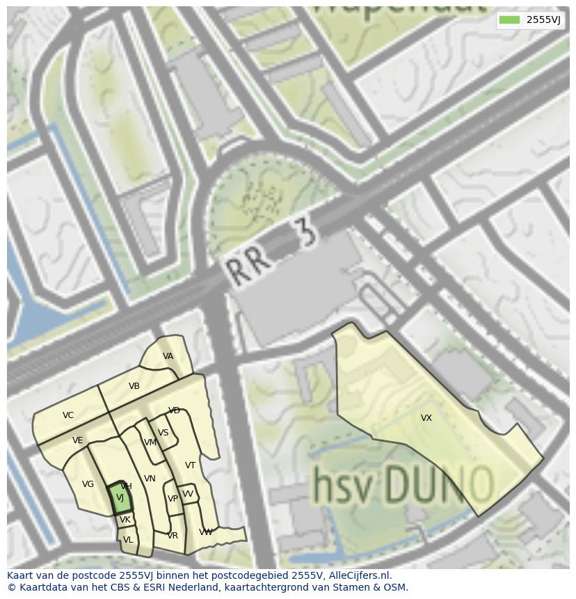 Afbeelding van het postcodegebied 2555 VJ op de kaart.