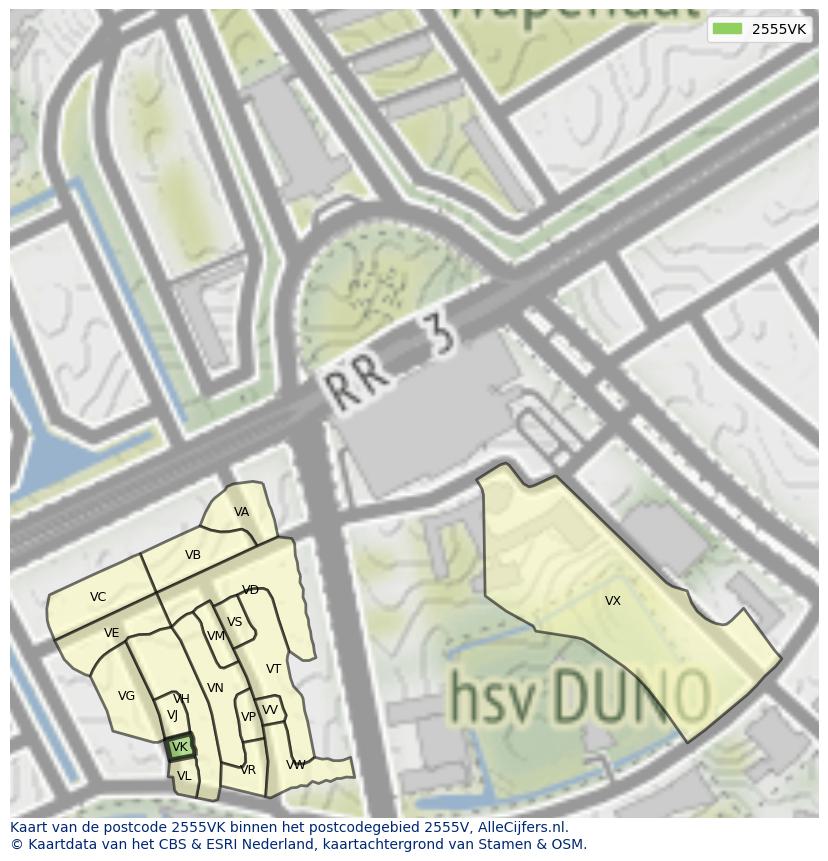 Afbeelding van het postcodegebied 2555 VK op de kaart.