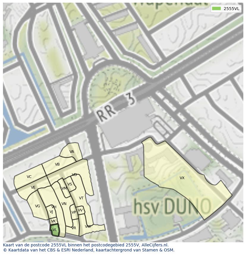Afbeelding van het postcodegebied 2555 VL op de kaart.
