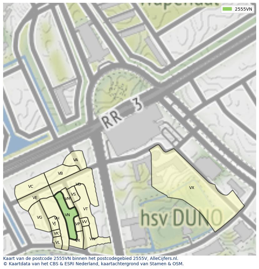 Afbeelding van het postcodegebied 2555 VN op de kaart.