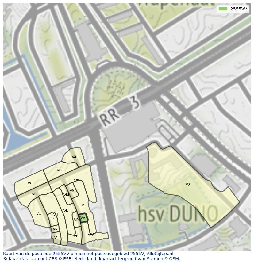 Afbeelding van het postcodegebied 2555 VV op de kaart.