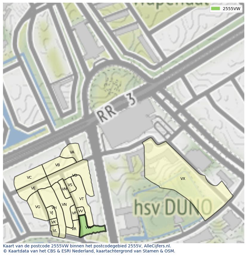 Afbeelding van het postcodegebied 2555 VW op de kaart.