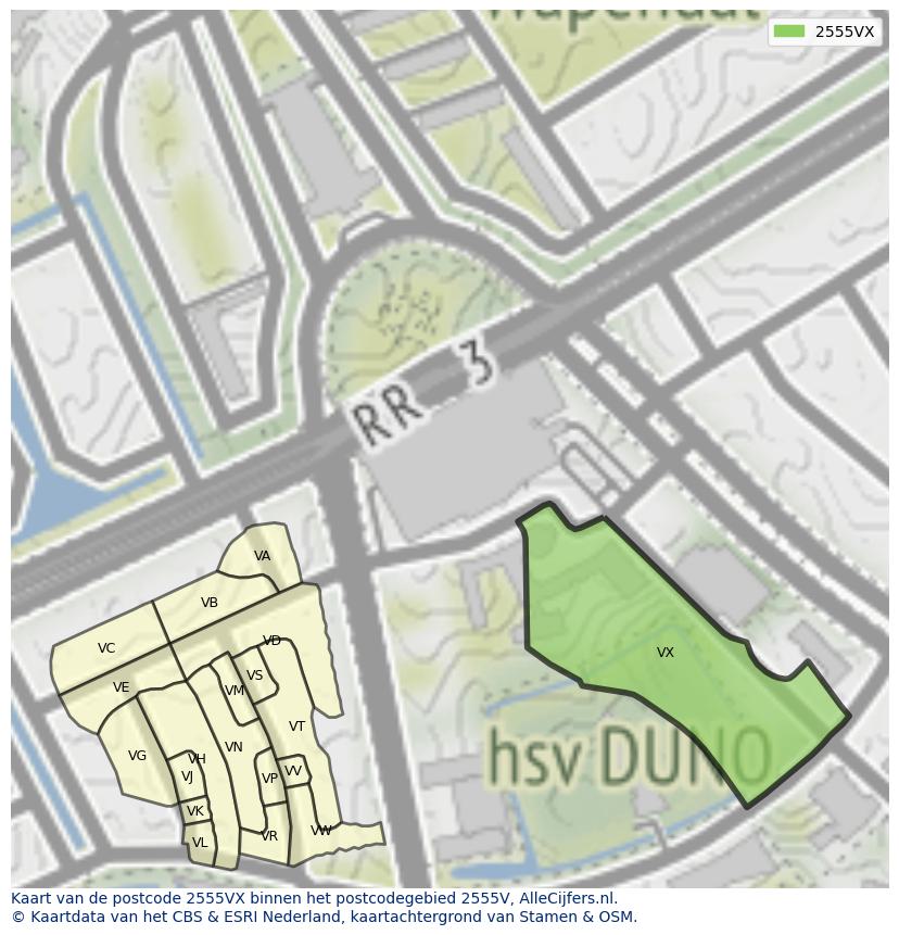 Afbeelding van het postcodegebied 2555 VX op de kaart.
