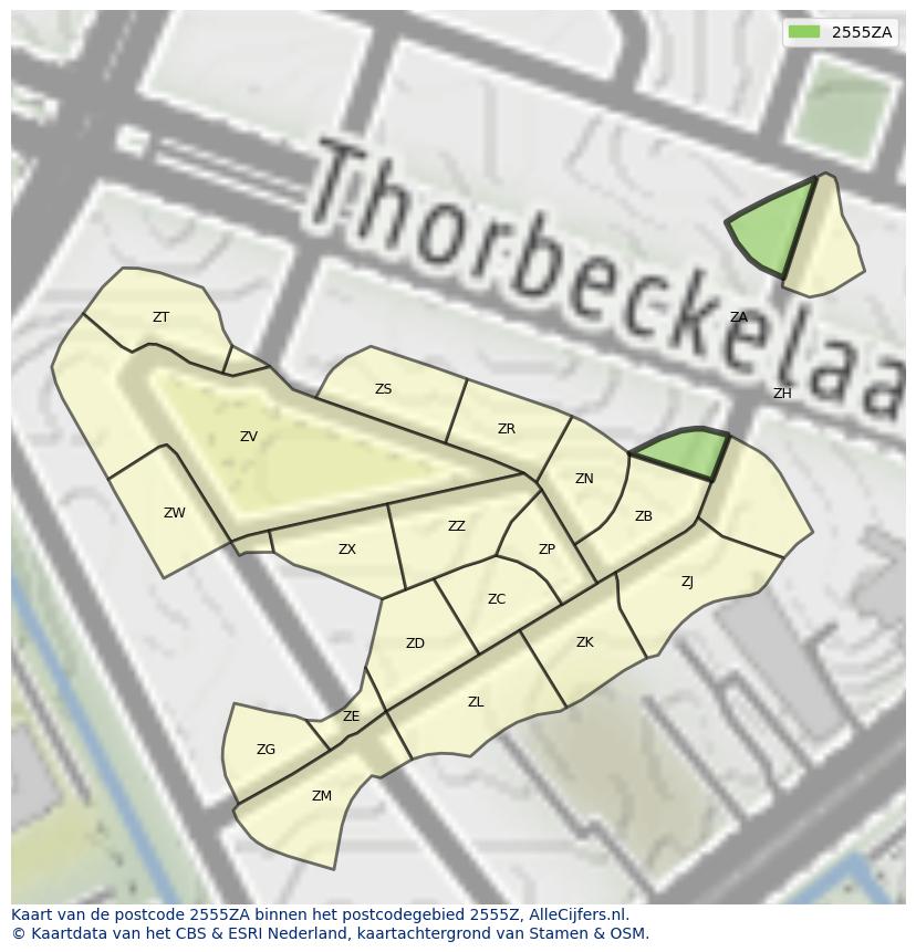 Afbeelding van het postcodegebied 2555 ZA op de kaart.