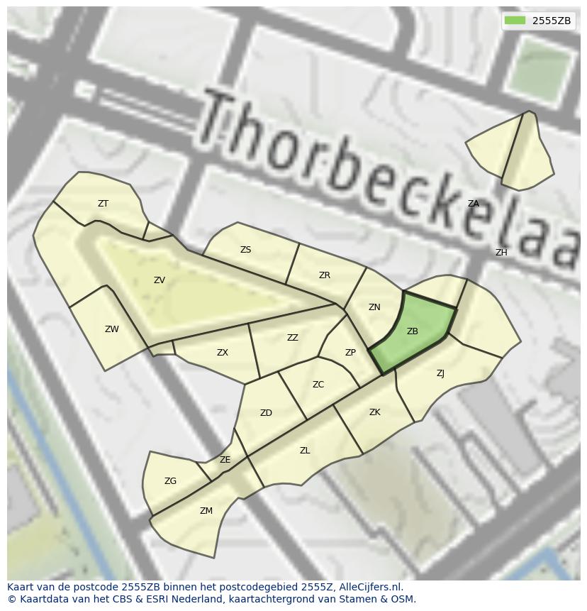 Afbeelding van het postcodegebied 2555 ZB op de kaart.