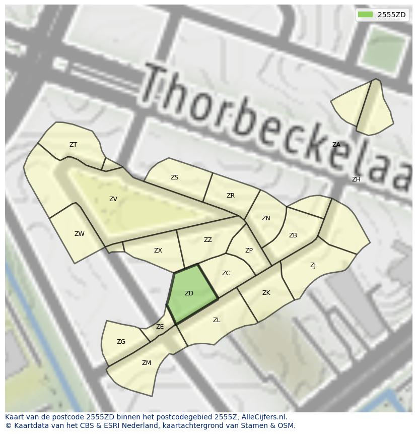 Afbeelding van het postcodegebied 2555 ZD op de kaart.