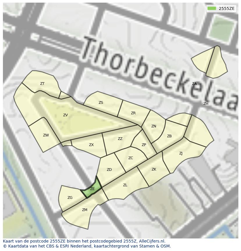 Afbeelding van het postcodegebied 2555 ZE op de kaart.