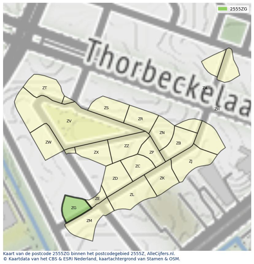 Afbeelding van het postcodegebied 2555 ZG op de kaart.