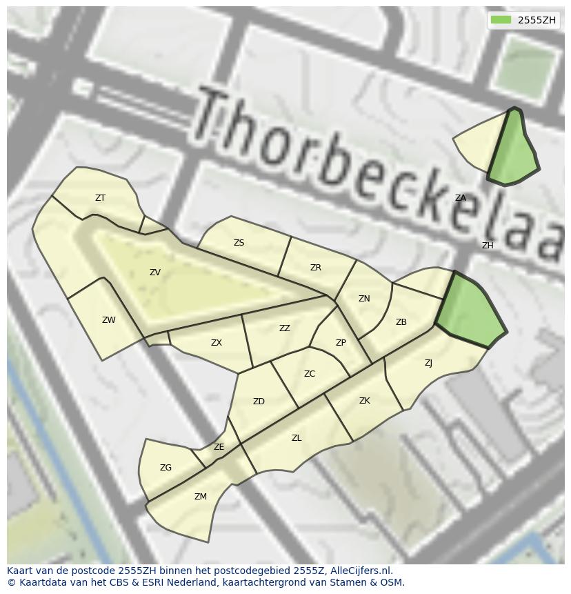 Afbeelding van het postcodegebied 2555 ZH op de kaart.