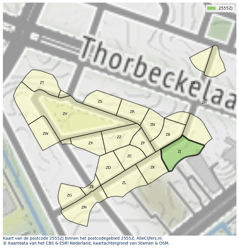 Afbeelding van het postcodegebied 2555 ZJ op de kaart.