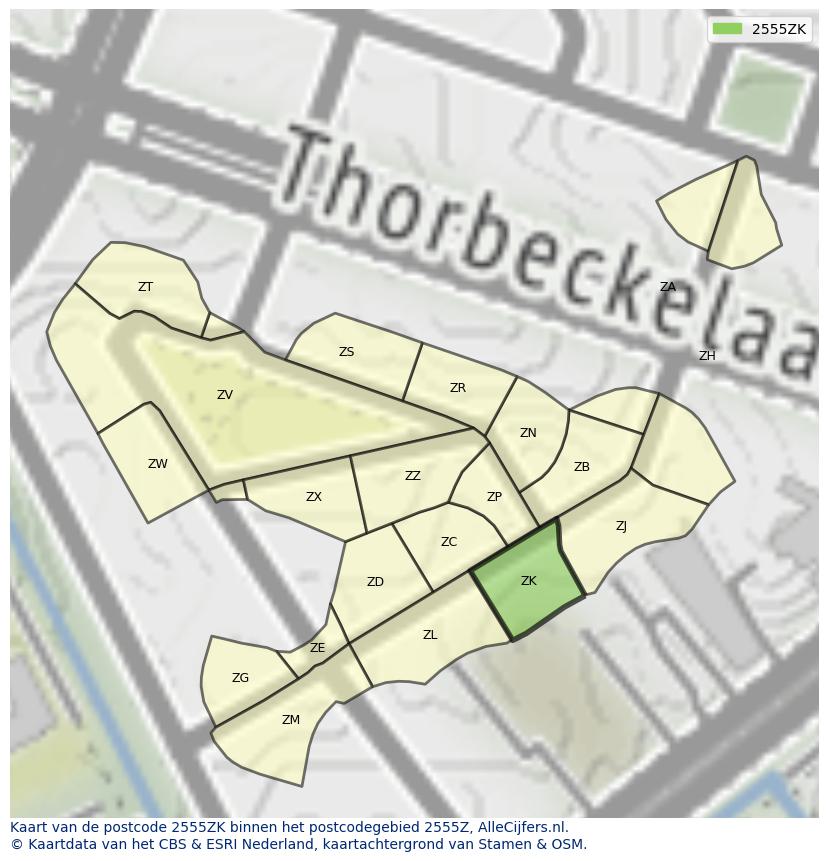 Afbeelding van het postcodegebied 2555 ZK op de kaart.