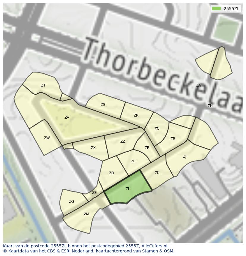 Afbeelding van het postcodegebied 2555 ZL op de kaart.