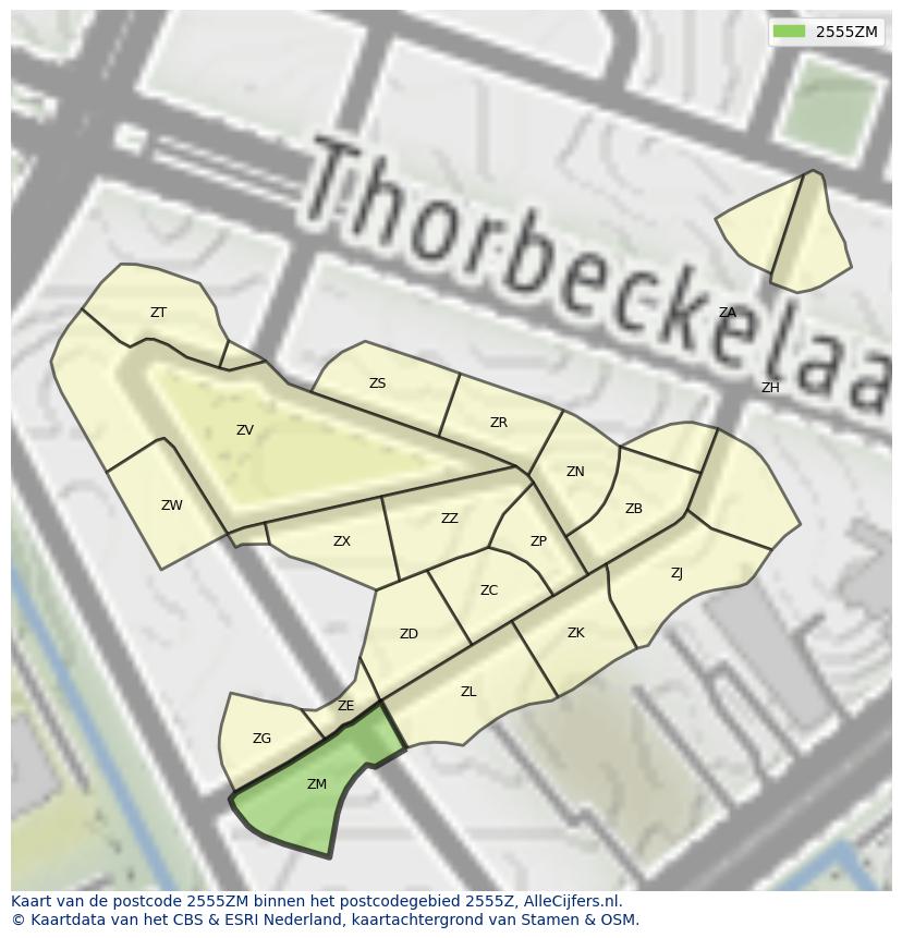 Afbeelding van het postcodegebied 2555 ZM op de kaart.
