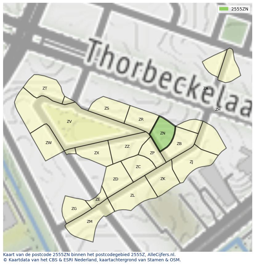 Afbeelding van het postcodegebied 2555 ZN op de kaart.