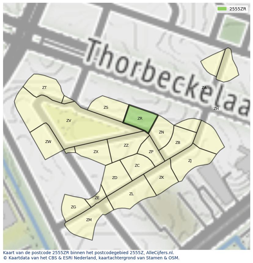 Afbeelding van het postcodegebied 2555 ZR op de kaart.