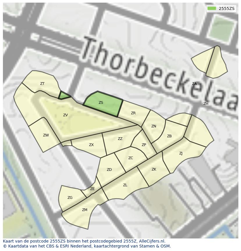 Afbeelding van het postcodegebied 2555 ZS op de kaart.