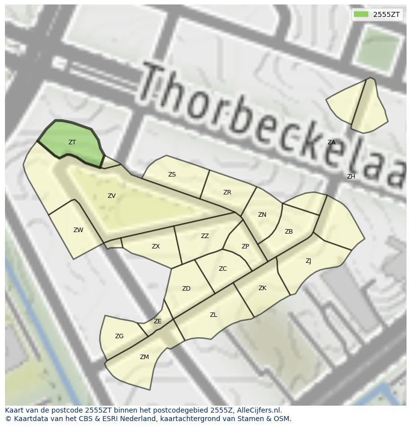 Afbeelding van het postcodegebied 2555 ZT op de kaart.
