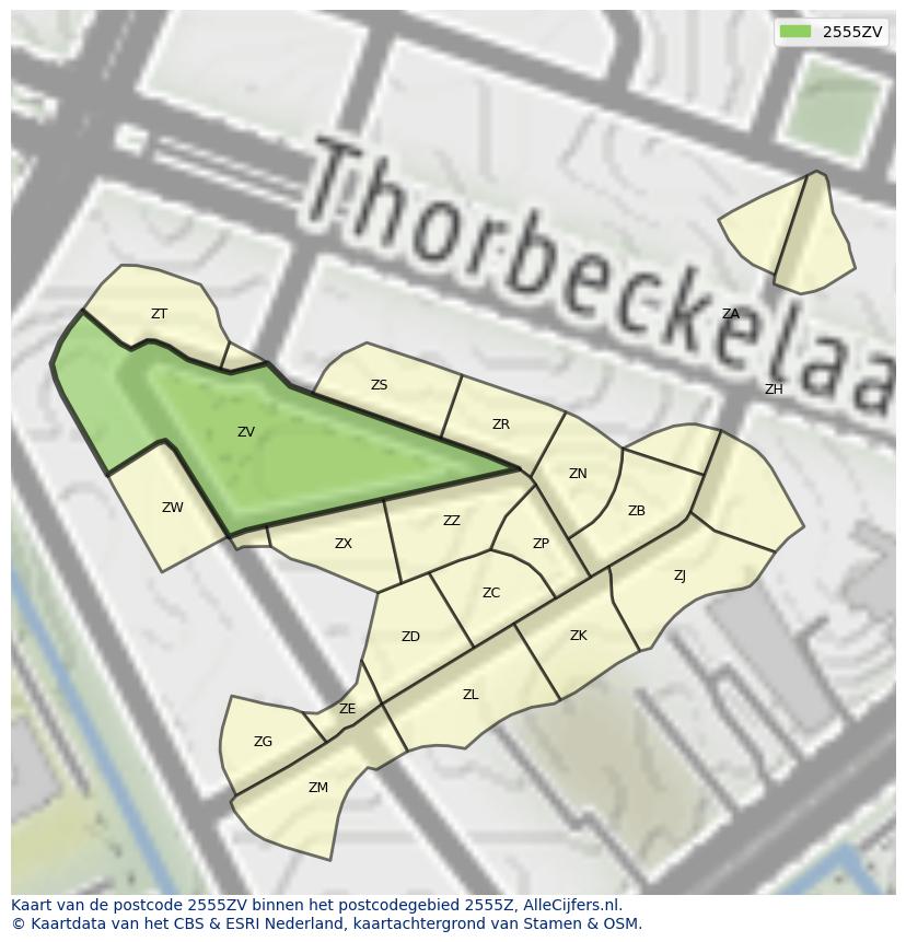 Afbeelding van het postcodegebied 2555 ZV op de kaart.