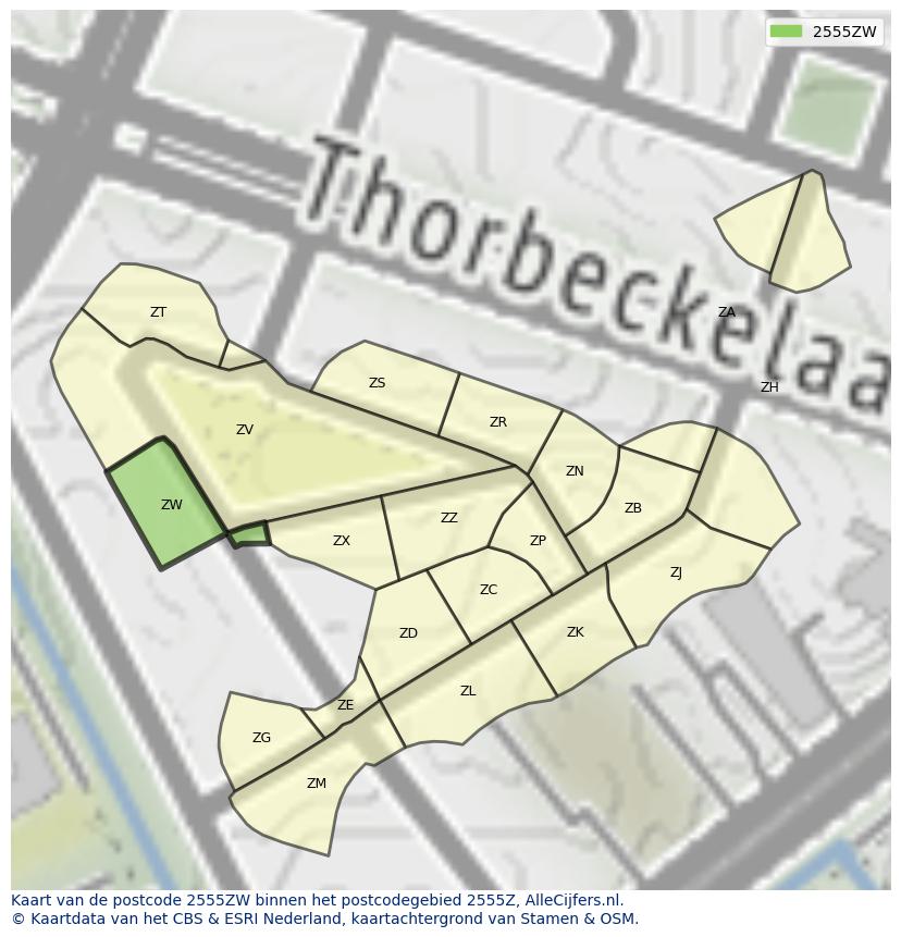 Afbeelding van het postcodegebied 2555 ZW op de kaart.
