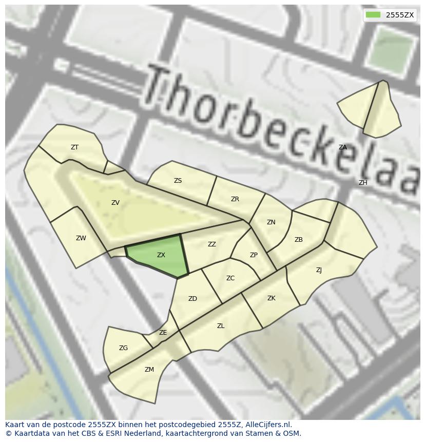 Afbeelding van het postcodegebied 2555 ZX op de kaart.