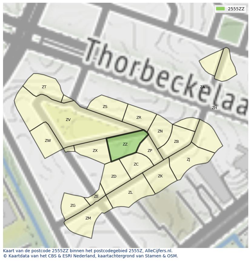 Afbeelding van het postcodegebied 2555 ZZ op de kaart.