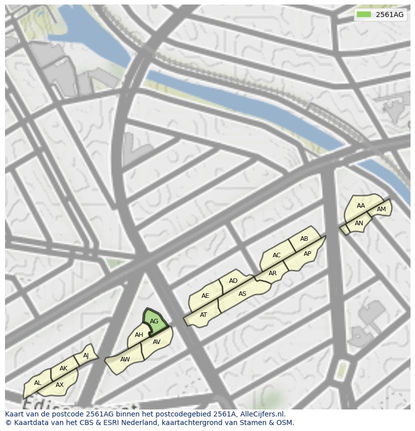 Afbeelding van het postcodegebied 2561 AG op de kaart.