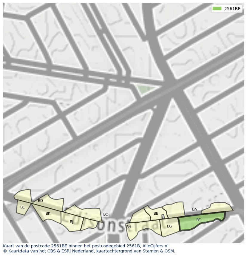 Afbeelding van het postcodegebied 2561 BE op de kaart.