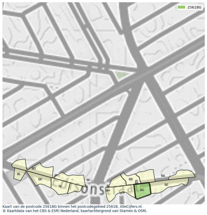 Afbeelding van het postcodegebied 2561 BG op de kaart.