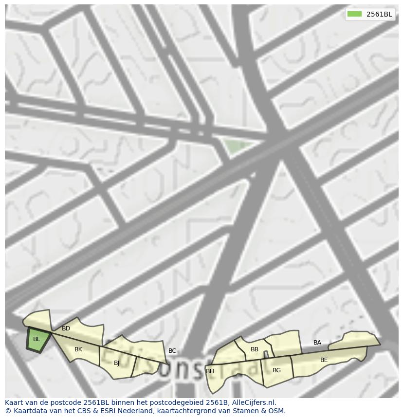Afbeelding van het postcodegebied 2561 BL op de kaart.