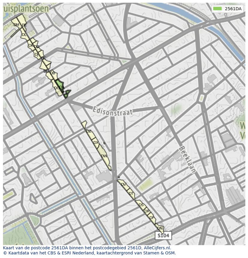Afbeelding van het postcodegebied 2561 DA op de kaart.