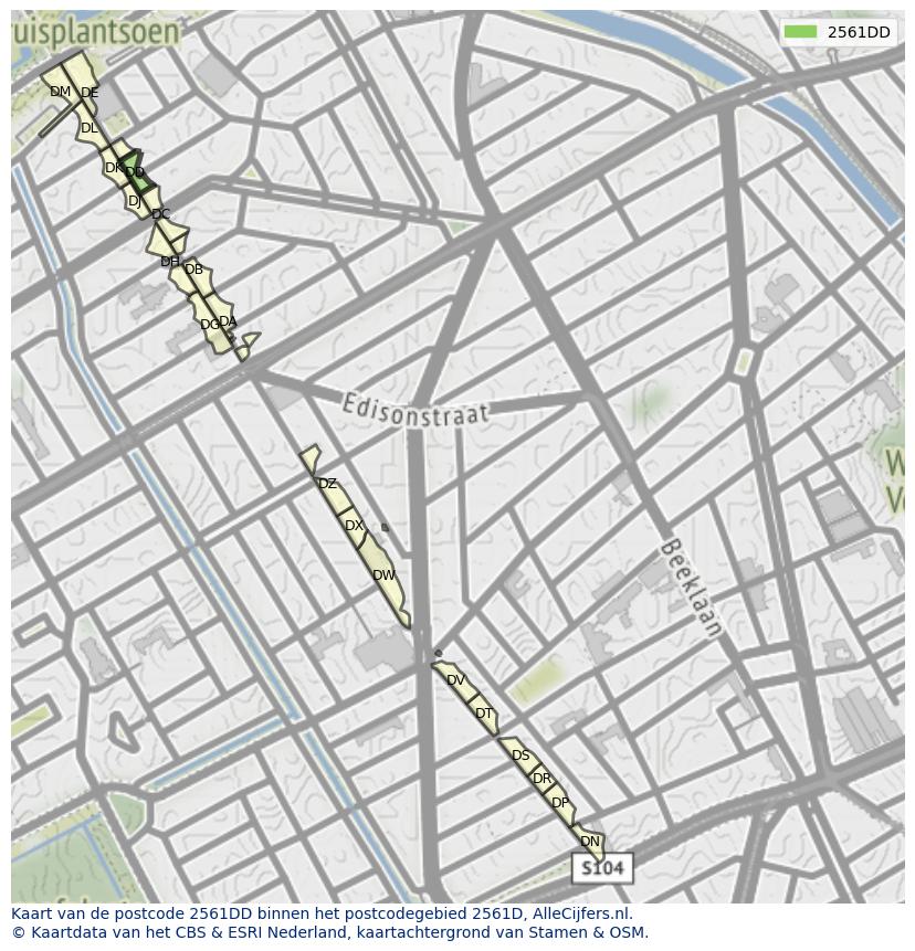 Afbeelding van het postcodegebied 2561 DD op de kaart.