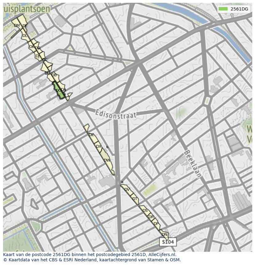 Afbeelding van het postcodegebied 2561 DG op de kaart.