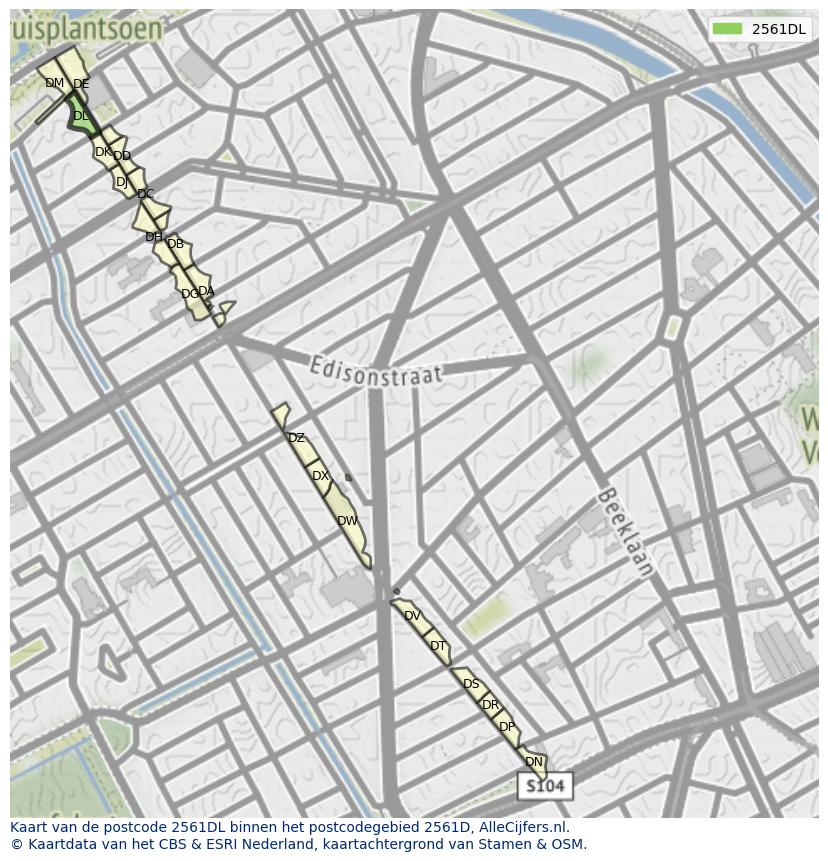 Afbeelding van het postcodegebied 2561 DL op de kaart.