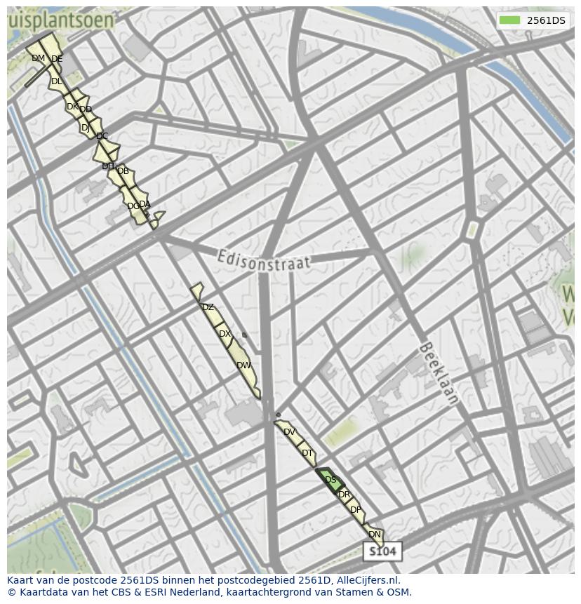 Afbeelding van het postcodegebied 2561 DS op de kaart.