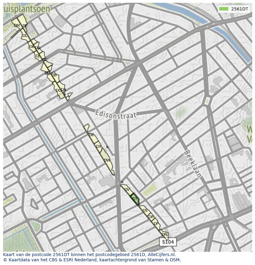 Afbeelding van het postcodegebied 2561 DT op de kaart.