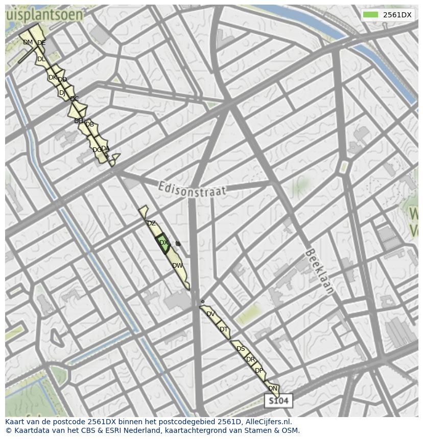 Afbeelding van het postcodegebied 2561 DX op de kaart.