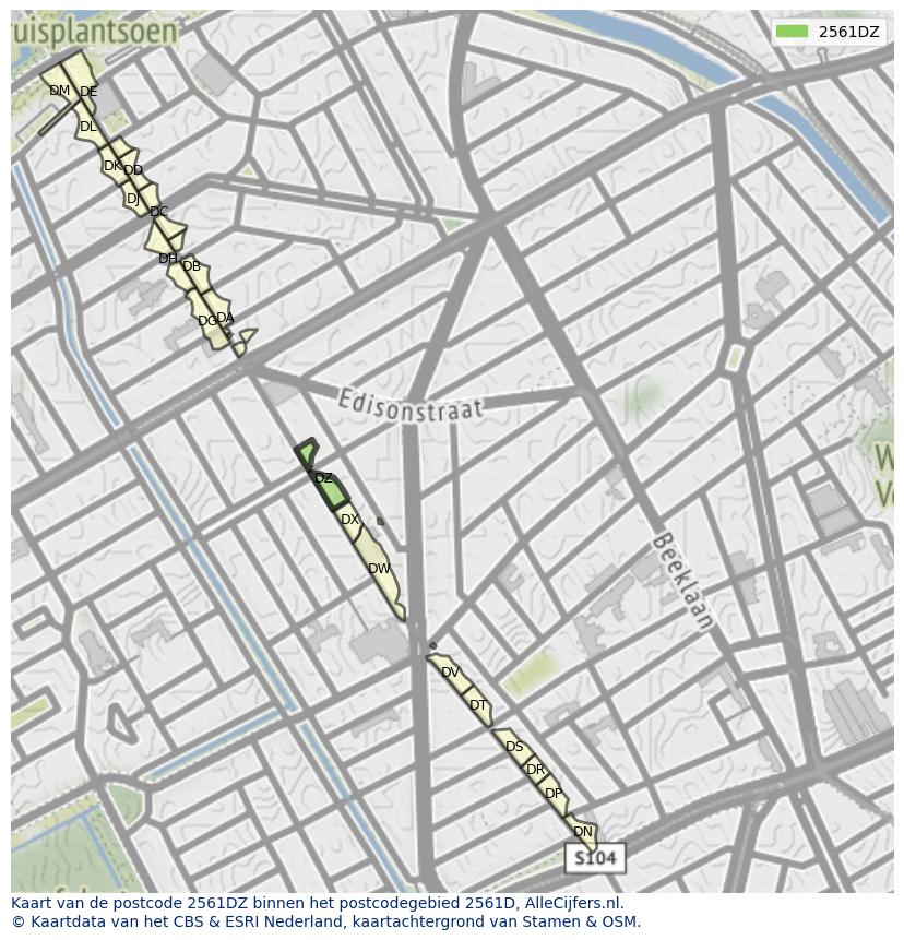 Afbeelding van het postcodegebied 2561 DZ op de kaart.