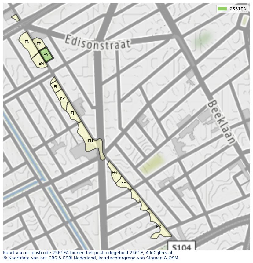 Afbeelding van het postcodegebied 2561 EA op de kaart.