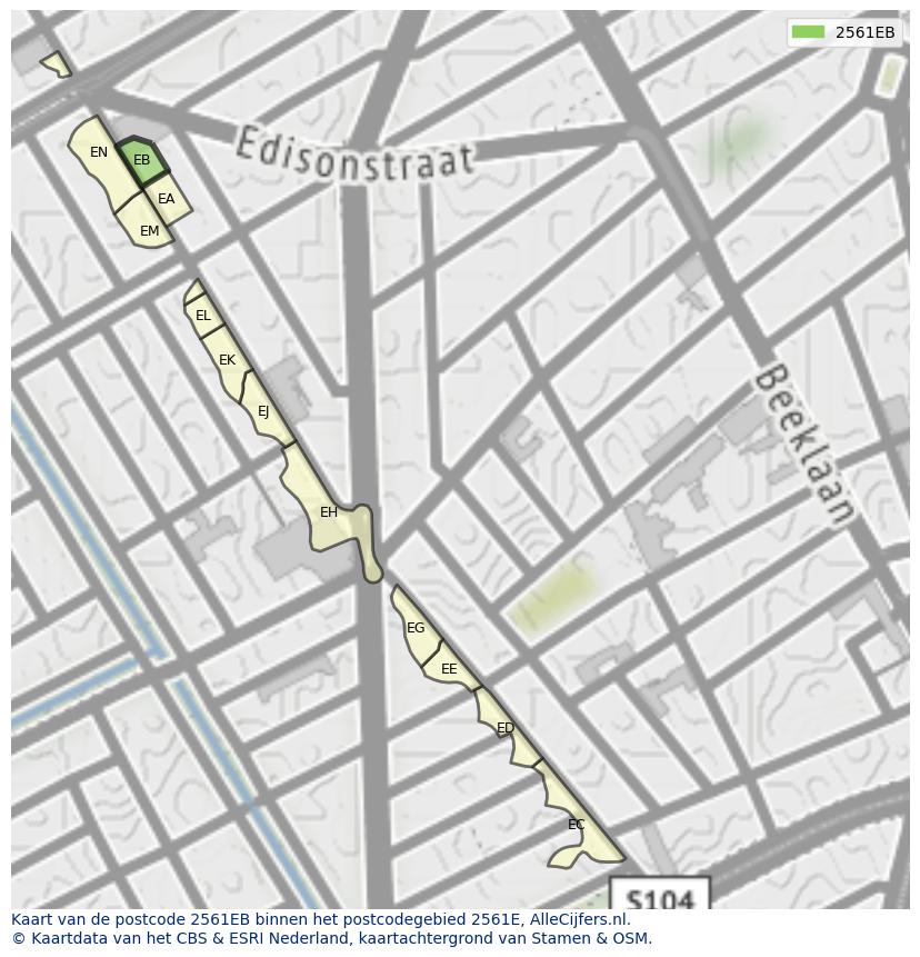 Afbeelding van het postcodegebied 2561 EB op de kaart.