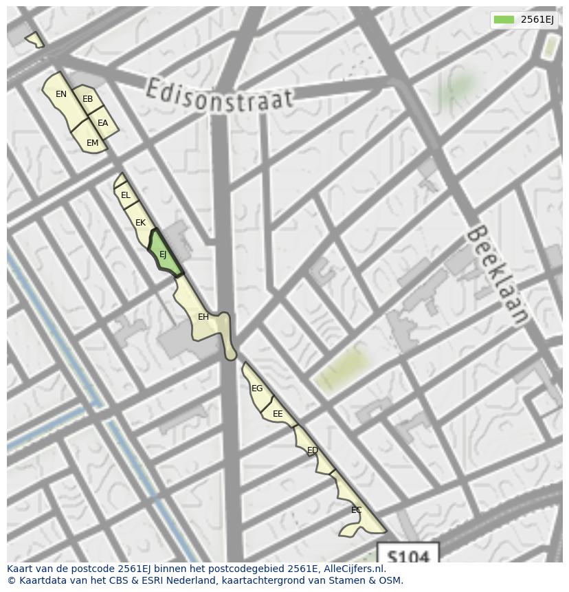 Afbeelding van het postcodegebied 2561 EJ op de kaart.