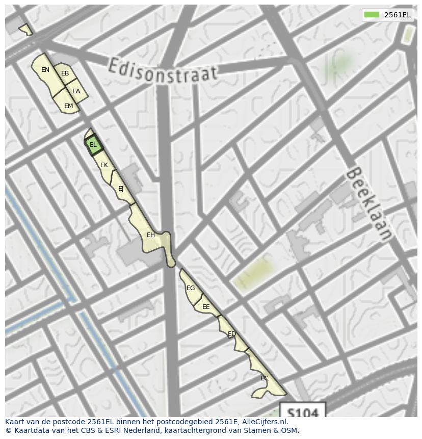 Afbeelding van het postcodegebied 2561 EL op de kaart.